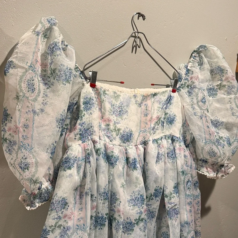 Selkie La Belle Etoile French Puff Sleeve Mini Dress in Soft Blue White Sheer - Picture 3 of 16